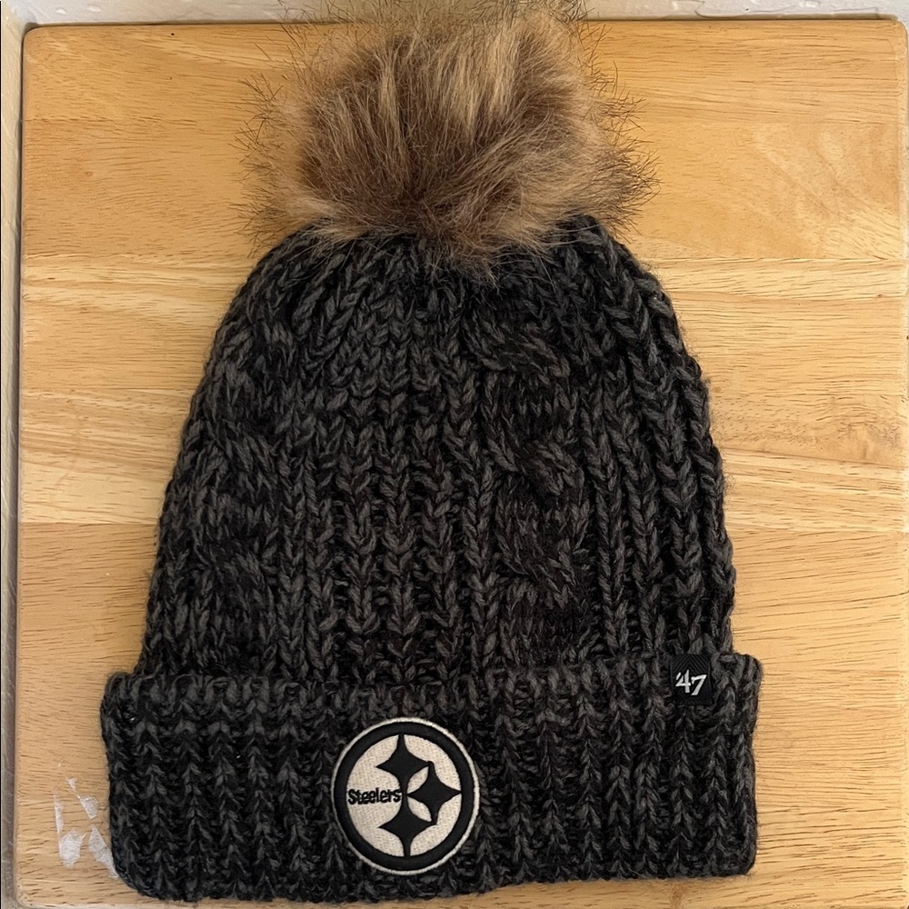 47 Black Knit Beanie with Brown Pom and Steelers Logo